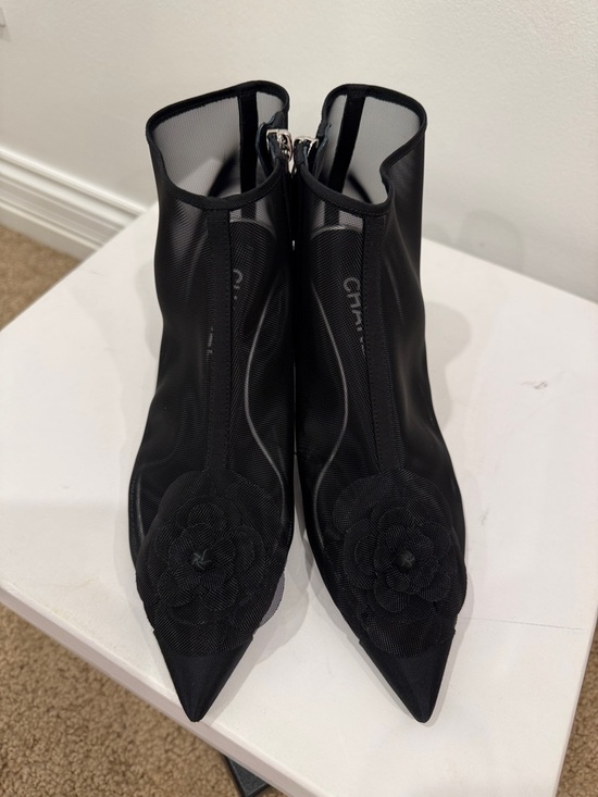 Chanel Camellia Mesh Ankle Boots 37.5 | Sheer Black Iconic CC Heels Runway NWT